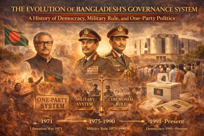 The evolution of Bangladesh's governance system: A history of democracy, military rule, and one-party politics.